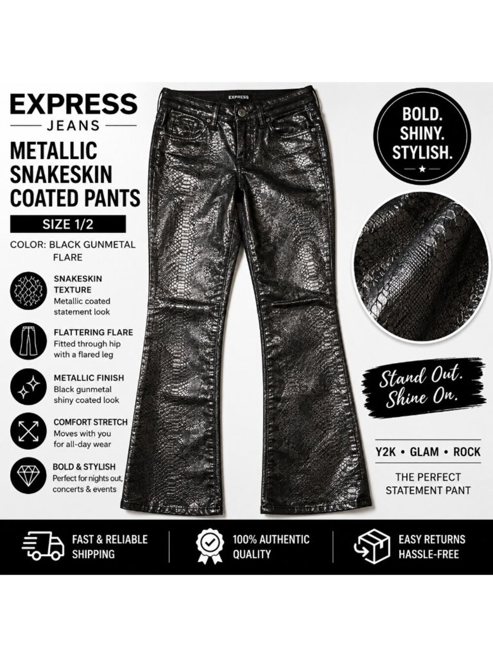 Express Jeans Metallic Snakeskin Coated Pants Womens 1/2 Black Gunmetal Flare